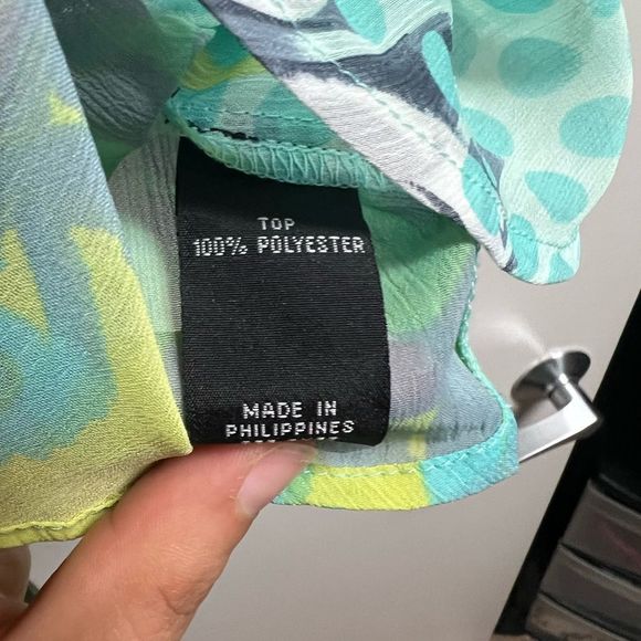 BCX Blue and Green Polka Dot Paisley Semi-Sheer Front Tie Blouse Size Small - Picture 3 of 6